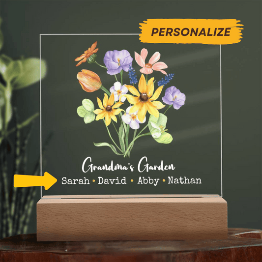 Grandma's Garden with Colorful Flowers | Square Acrylic LED Plaque | Personalized