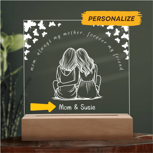 Mother and Daughter Silhouette | Square Acrylic LED Plaque | Personalized