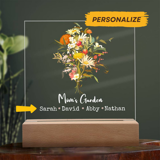 Mom's Garden with Bouquet | Square Acrylic LED Plaque | Personalized