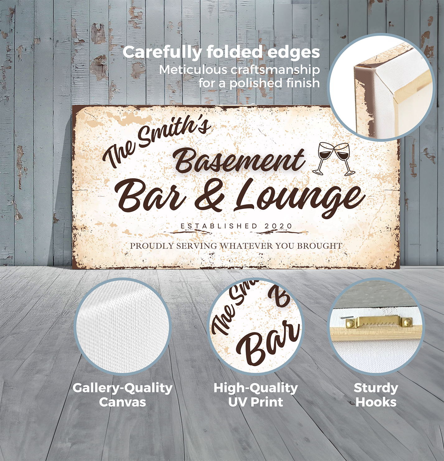 Basement Bar and Lounge Rustic Design Canvas | Personalized